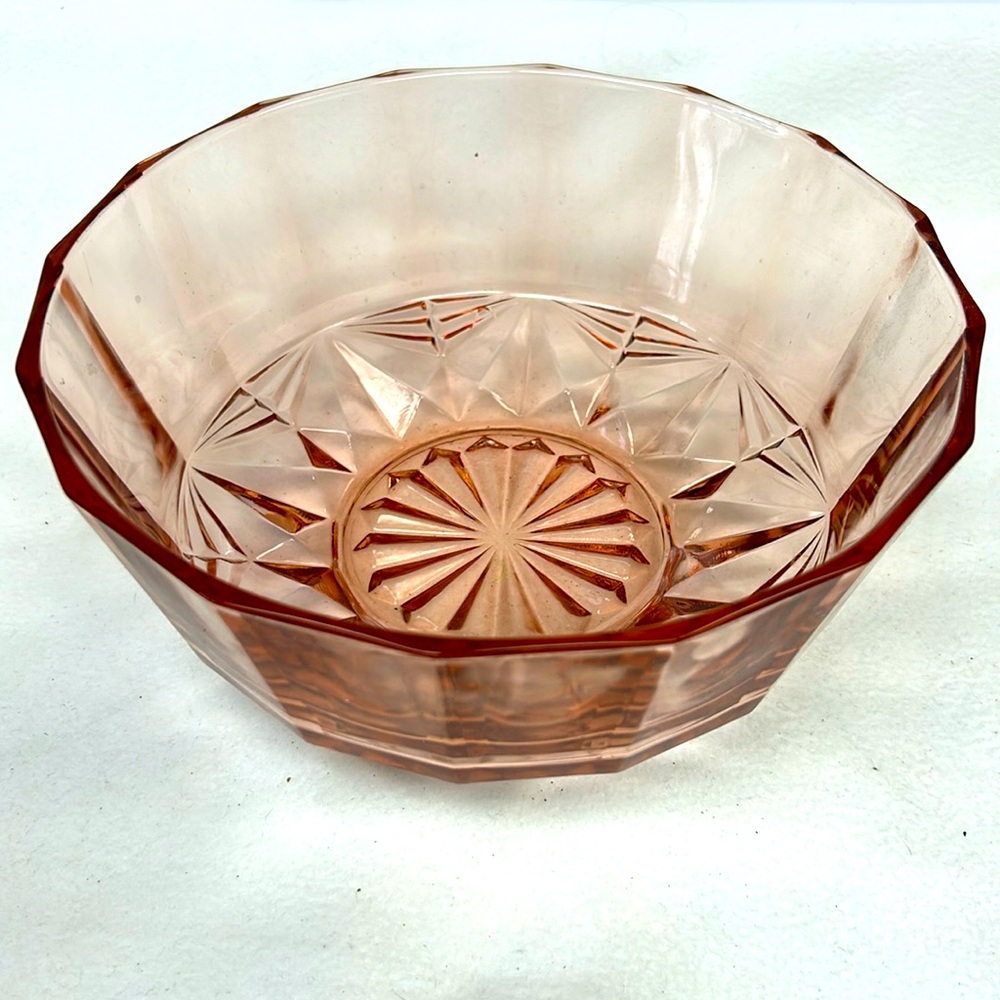 Vintage 9” D heavy pink pressed glass dessert / salad bowl by KIG Indonesia